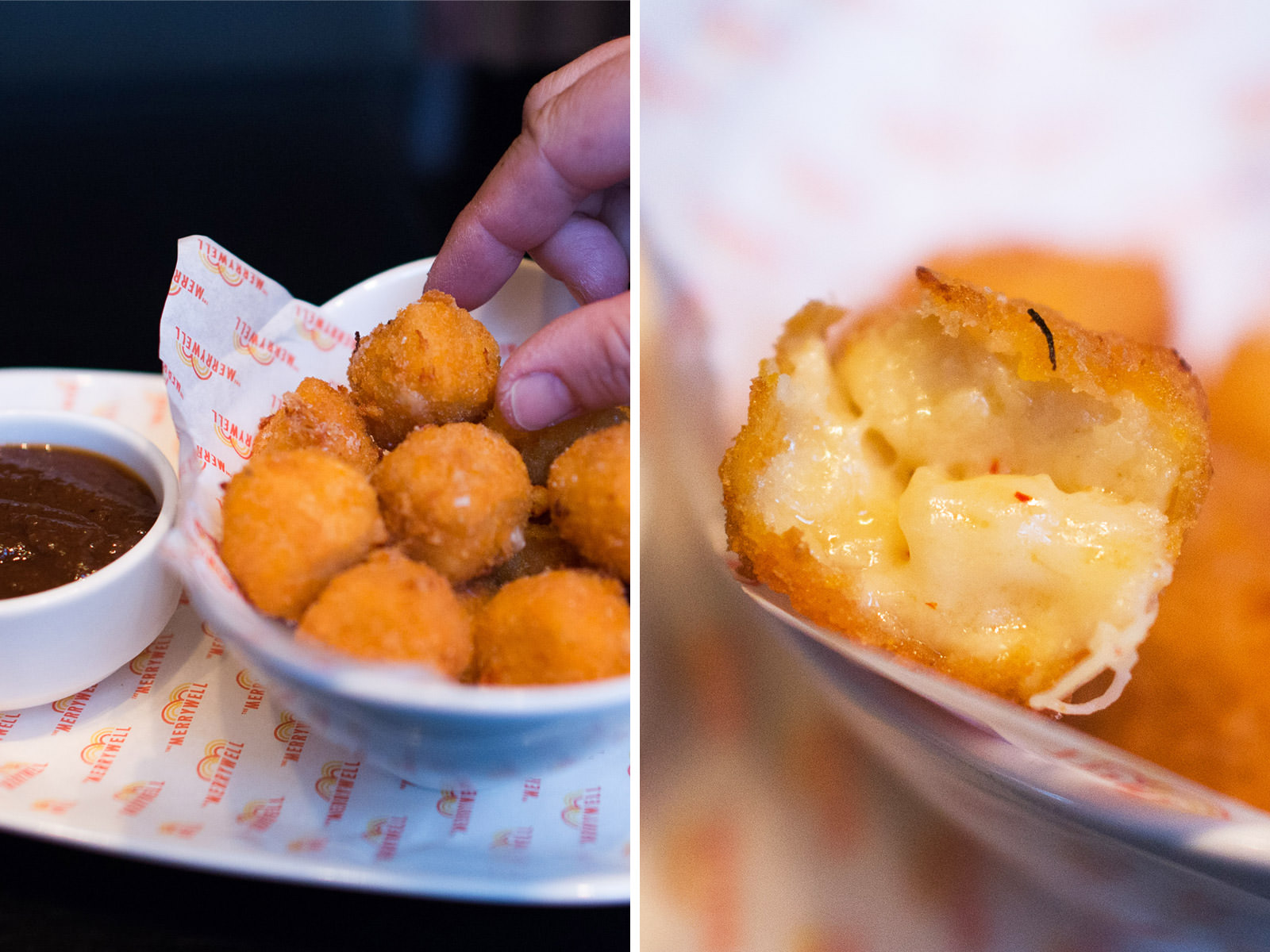 Mac & Cheese Bites with House HP Dip (AU$15) and innards shot