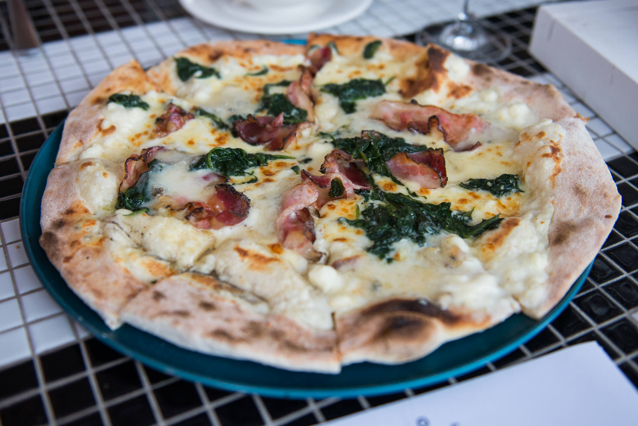 Pizza - Black Pig pancetta, gorgonzola, spinach and bechamel (AU$24)