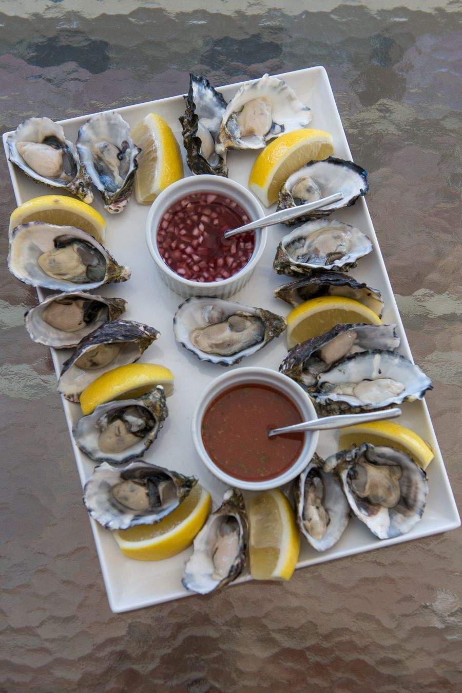 Oysters with shallot dressing and Bloody Mary dressing