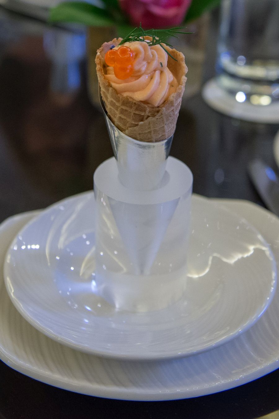 Savoury cone with salmon rillettes, creme fraiche, keta and dill, afternoon tea at The Langham, Auckland
