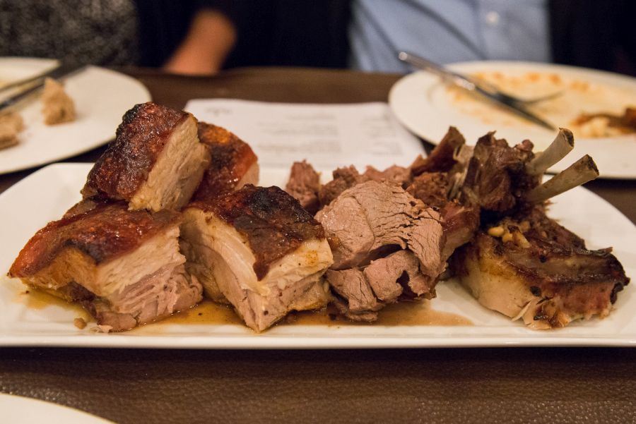 Wood-roasted lamb and pork