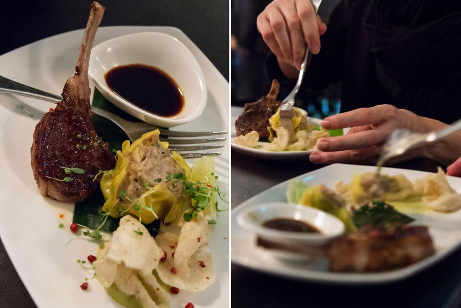 Chilli salted cuttlefish, chicken and chive dumpling and 5-spiced lamb cutlet with chilli caramel, The Aviary