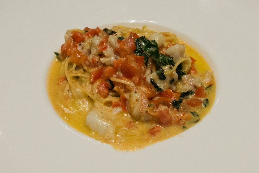 Angel hair pasta tossed with blue manna crab, tomato, chilli, basil, cream and 34 Degrees South organic olive oil (AU$24)