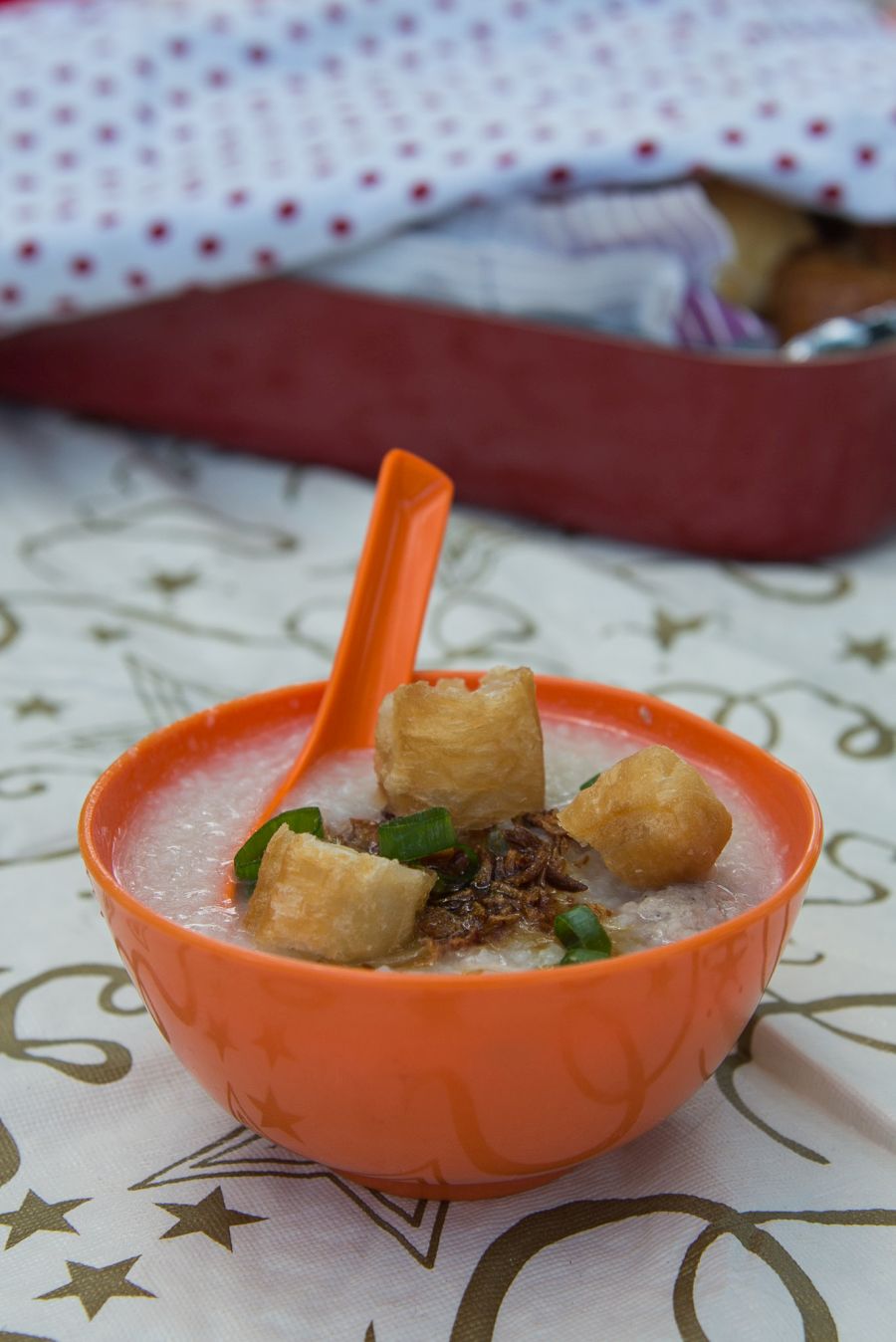 Rice porridge with pork meatballs and trimmings