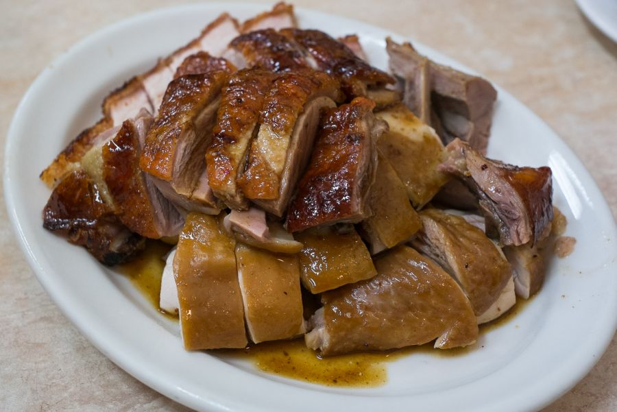 3-meat BBQ combination: roast pork, roast duck, soya chicken
