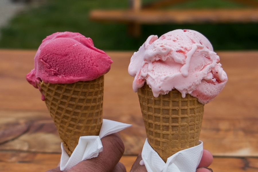Raspberry and strawberry ice cream at the Bruny Island Berry Farm