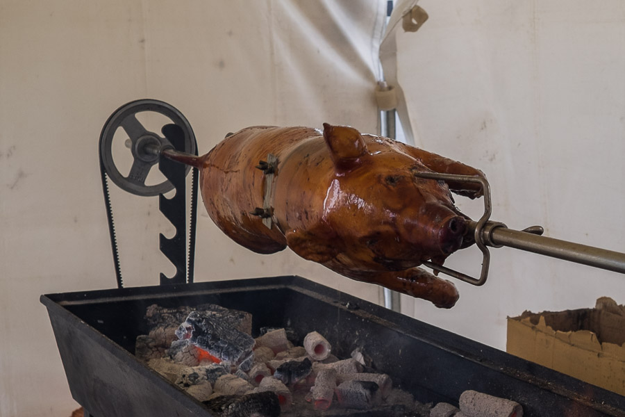 You could watch the suckling pig turning on the spit at Bib & Tucker's restaurant.