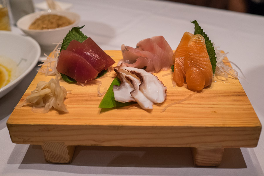 Waikiki sashimi platter - big eye tuna, king salmon, madako (octopus), kampachi (amberjack), Nalo shiso leaves (US$38)