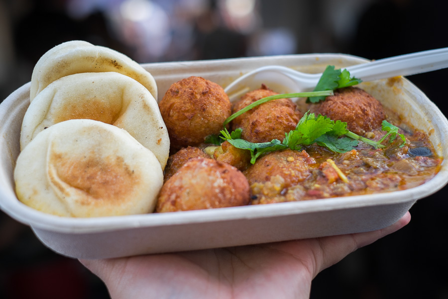 Potato ricotta kofta balls with butter curry and mini naan bread