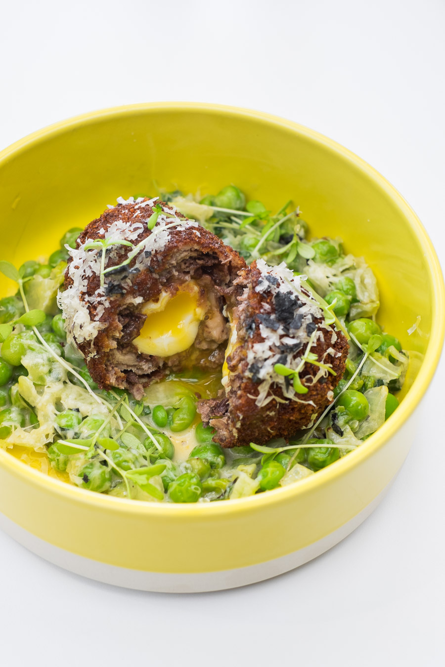 Scotch quail egg, boudin noir, braised peas and lettuce (AU$18 - from the All Day Brunch Menu)