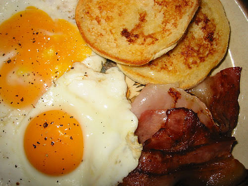 Bacon, eggs, toasted English muffin