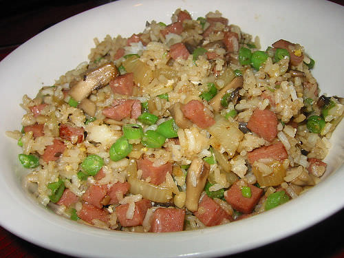 Fried rice with SPAM, mushrooms, green beans, onion, garlic and egg