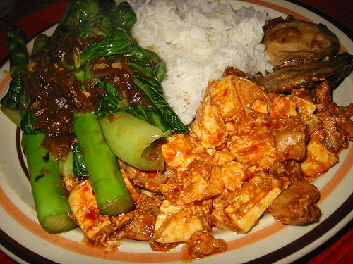 Ma po tofu with steamed veg and rice