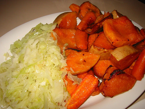 Roast sweet potato, carrot and pumpkin, and cabbage