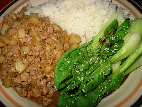 Minchee, bok choy and rice