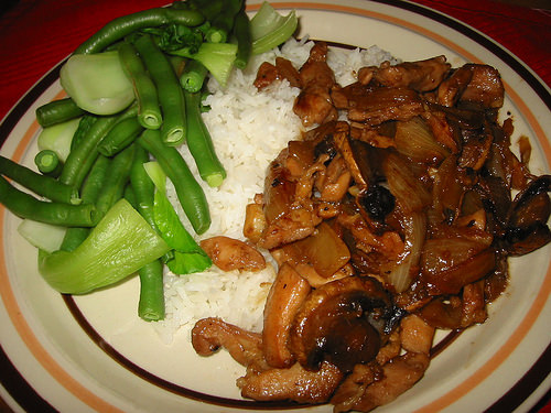 Teriyaki and ginger chicken with steamed vegetables and rice