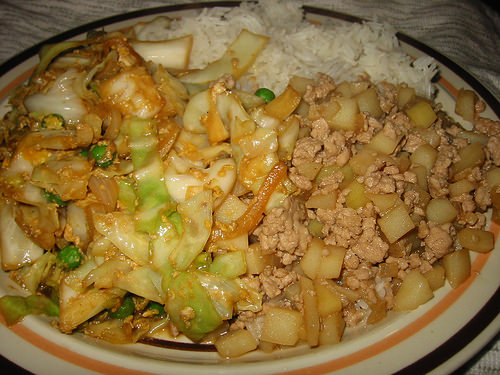 Cabbage and egg, minchee and rice