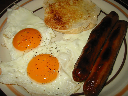 Sausages, eggs and toast