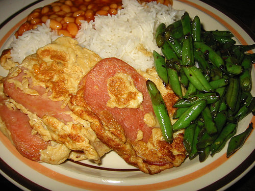 SPAM, egg and rice with baked beans and stir-fried green beans