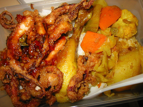 Chilli squid, tumeric chicken and vegetable curry with rice