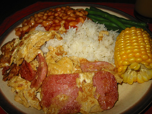 Fried SPAM and egg, rice, baked beans, green beans and corn