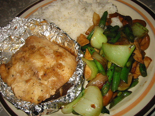 Ovenbaked shark filet, rice and stir-fried vegies