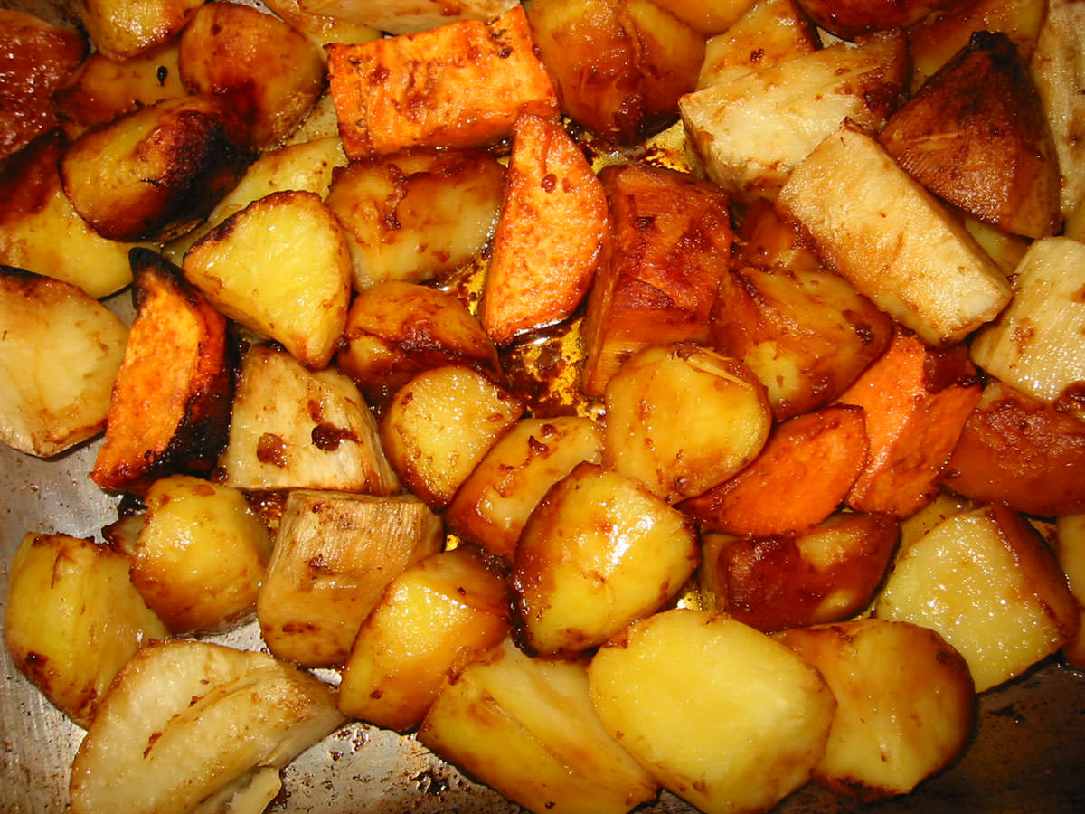 Roasted trio of potatoes, in oven tray
