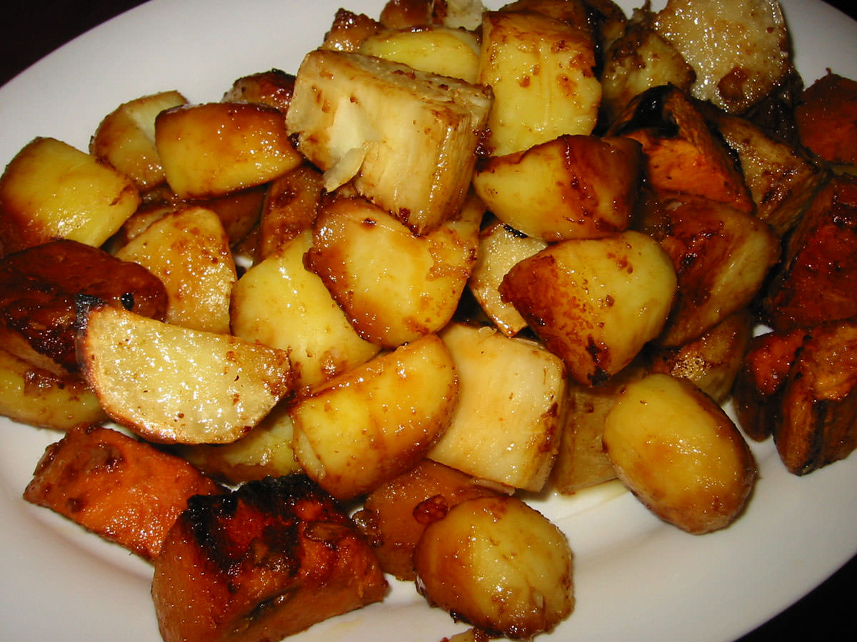 Roasted trio of potatoes, on serving dish