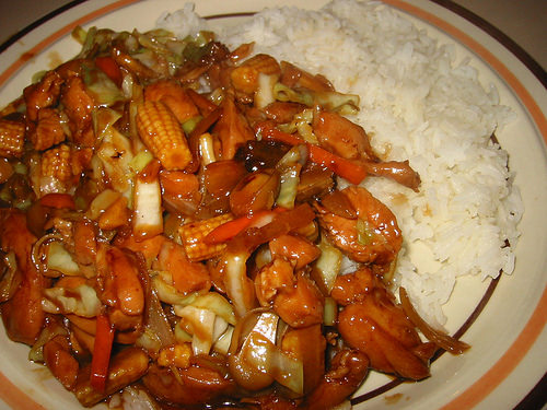 Stir-fried oyster sauce chicken and vegies with rice