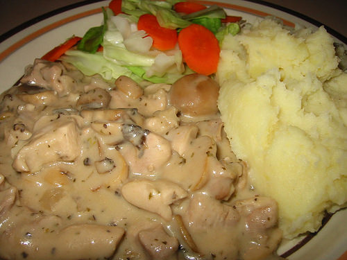 Creamy chicken and mushrooms, mashed potato, cabbage and carrots