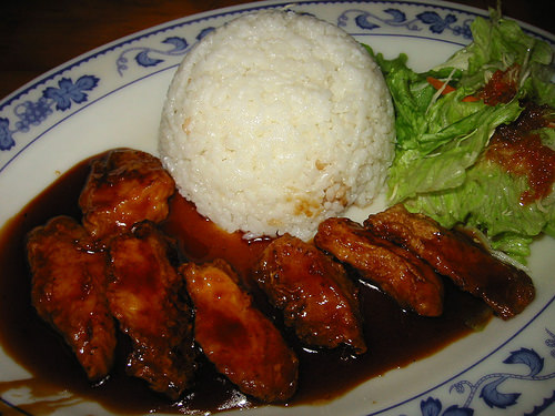Teriyaki fish, rice and salad