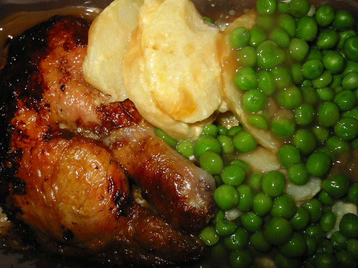 Charcoal Chicken Dinner with Cream Potatoes and Peas
