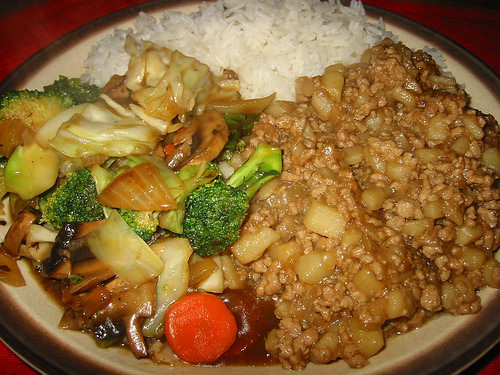 Rice, minchee and stir-fried vegies