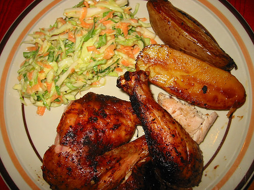 My plate: roast chicken, roast potato and coleslaw