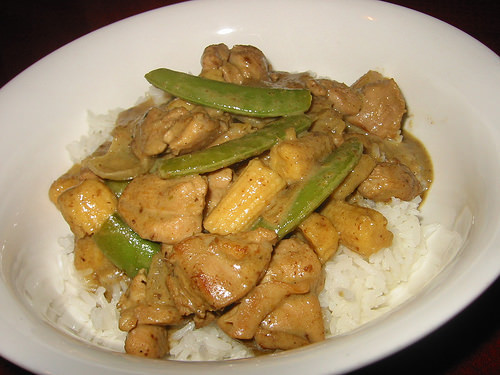 Thai green chicken curry with sugar snap peas and baby corn
