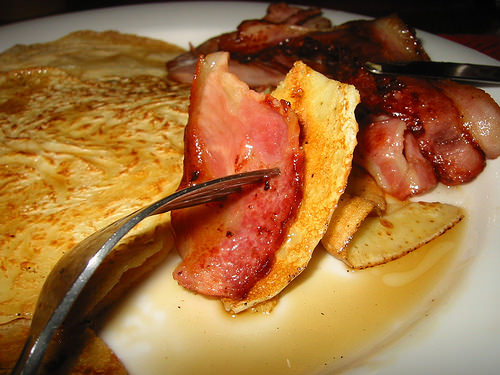 What a mouthful of pancake, maple syrup and bacon looks like before I pop it in my mouth
