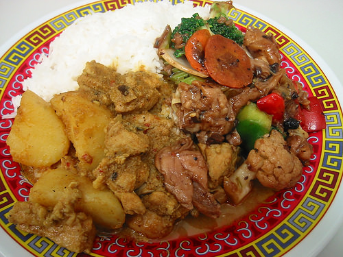 Curry chicken, black bean chicken and rice