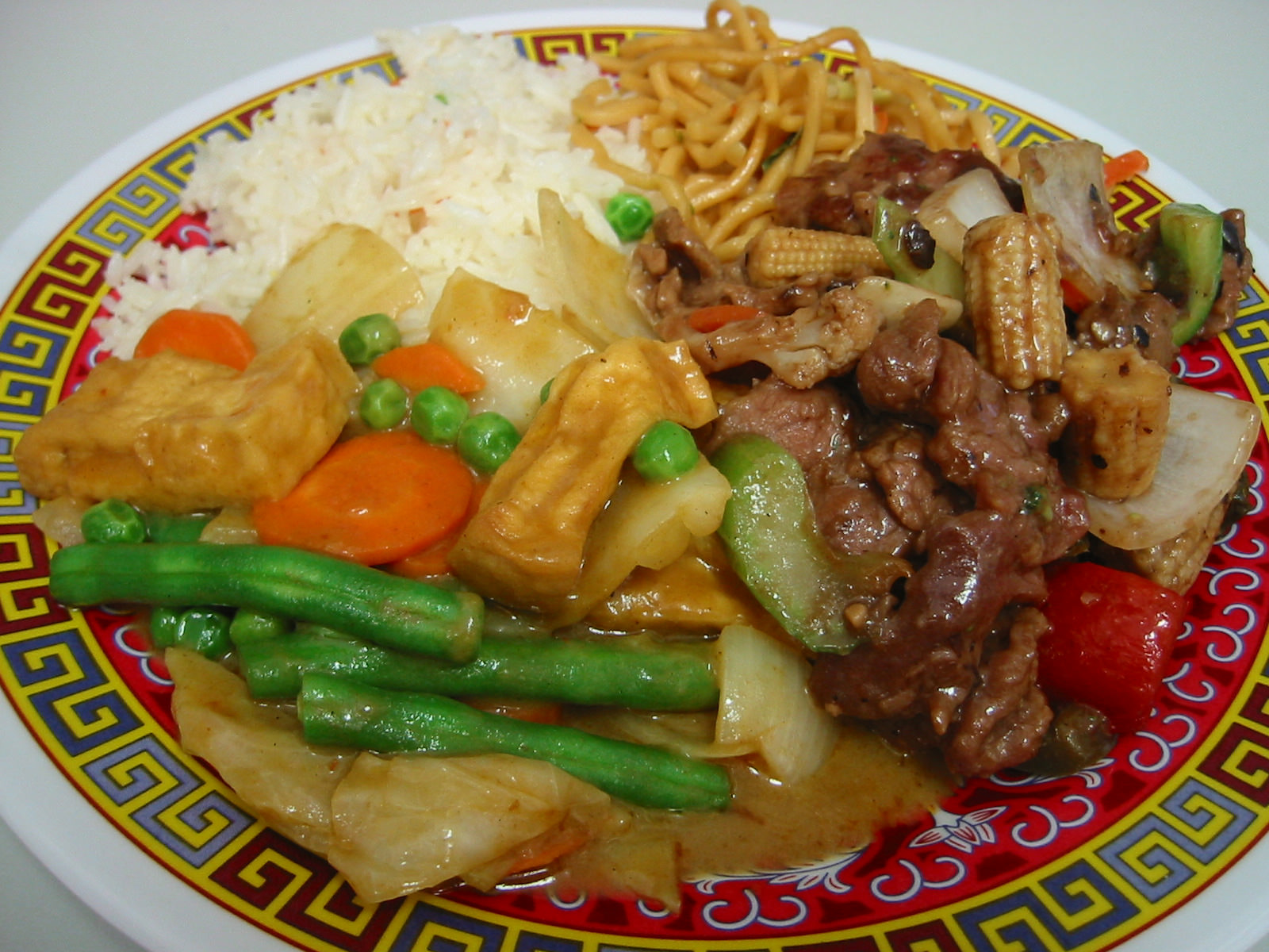 Curry vegies, black bean beef, noodles and rice