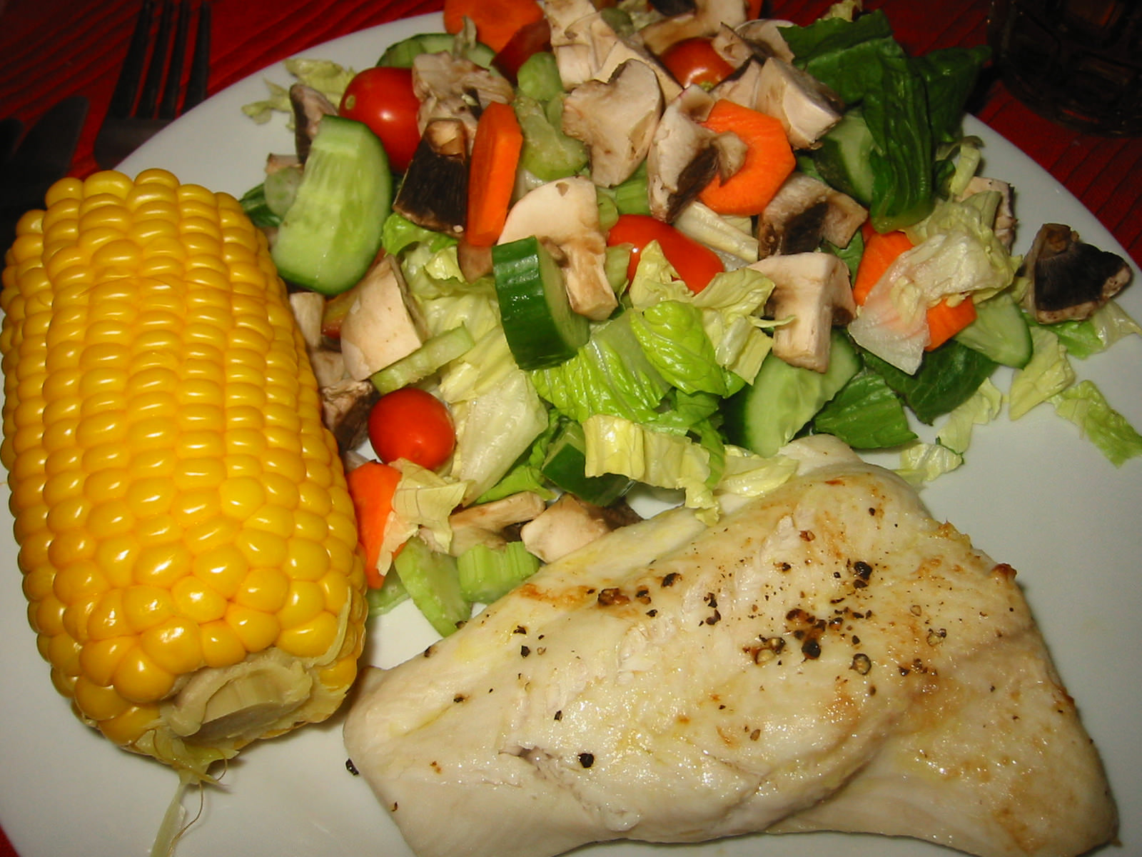 Grilled shark, salad and corn