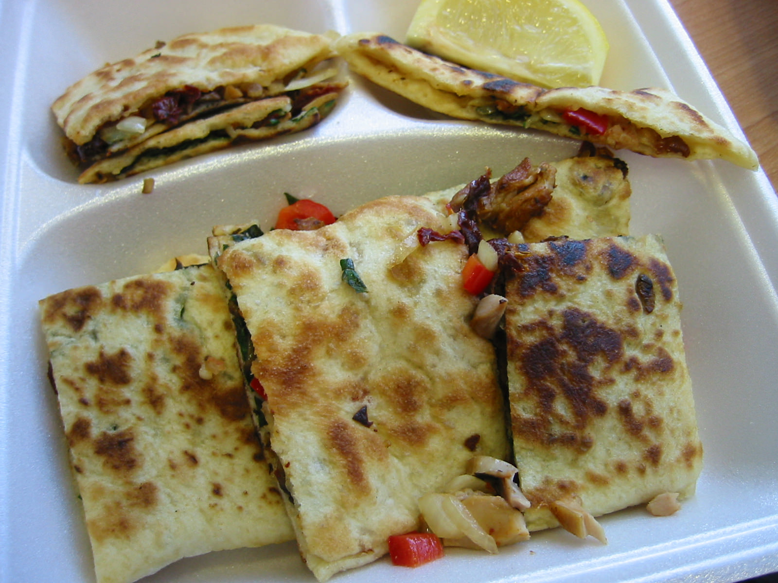 Gozleme with chicken, spinach, capsicum, mushroom and sundried tomato