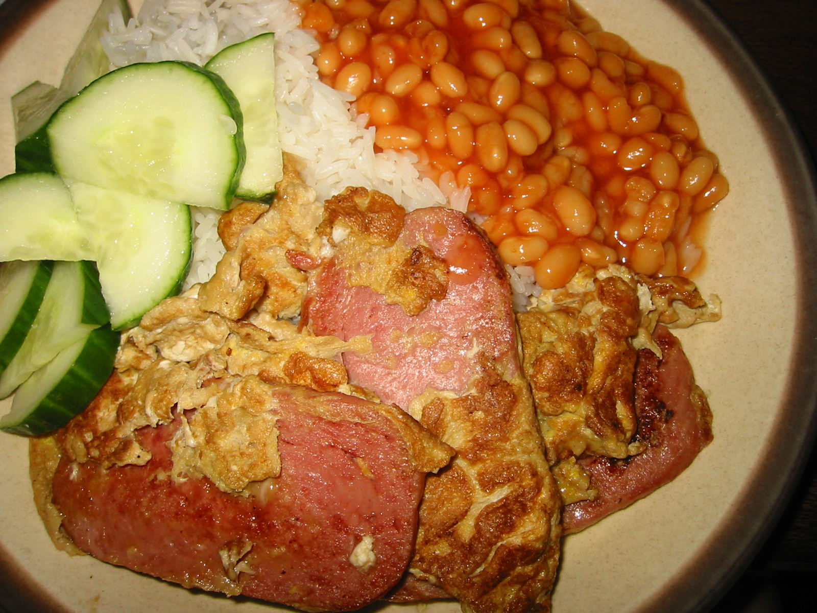 SPAM and egg, rice, baked beans and cucumber