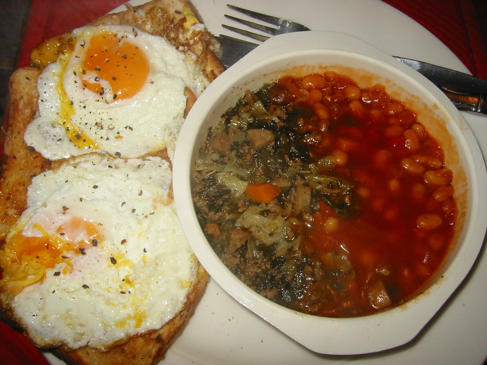Eggs on toast, savoury mince and baked beans