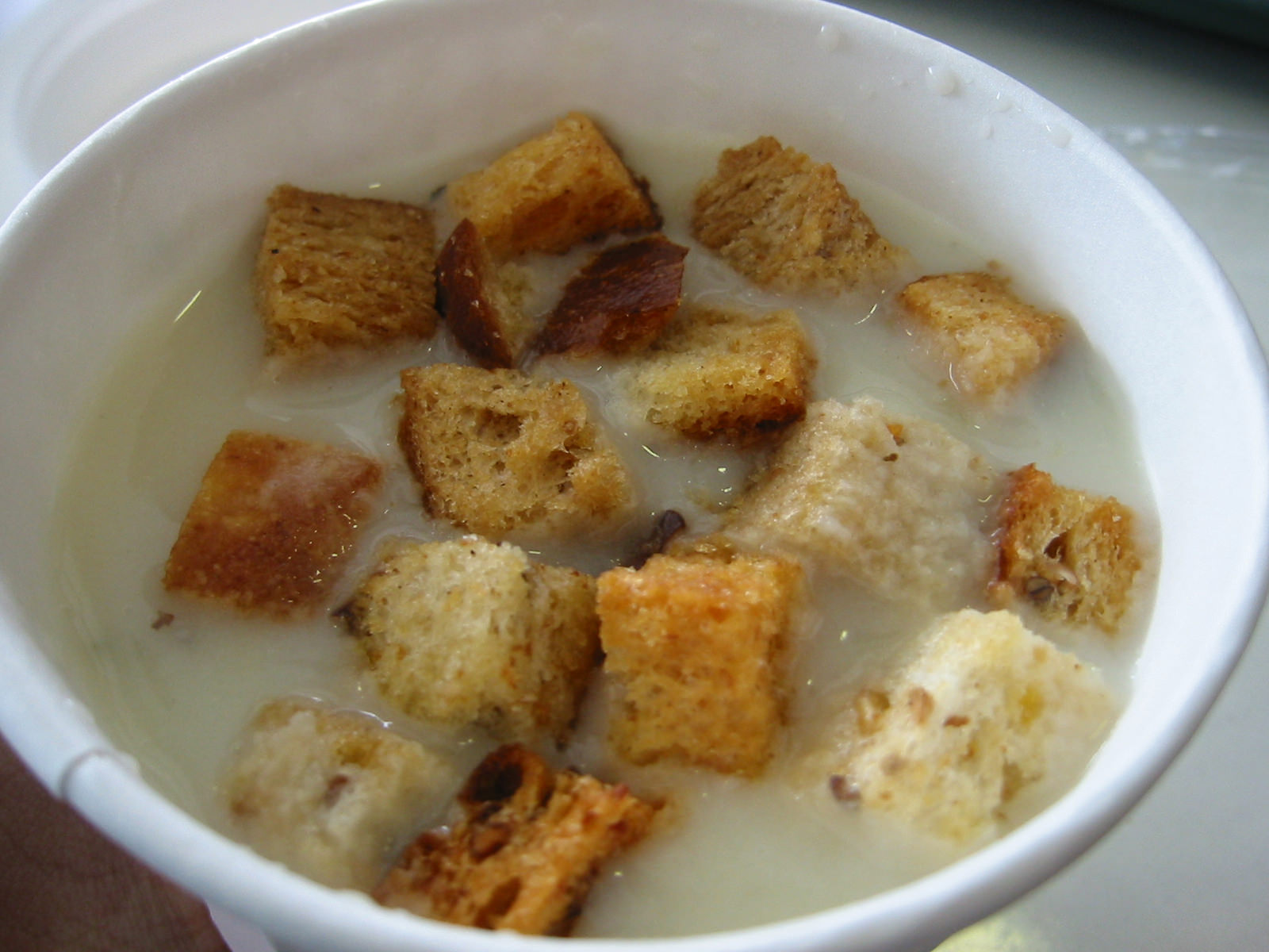 Potato and leek soup with lots of croutons