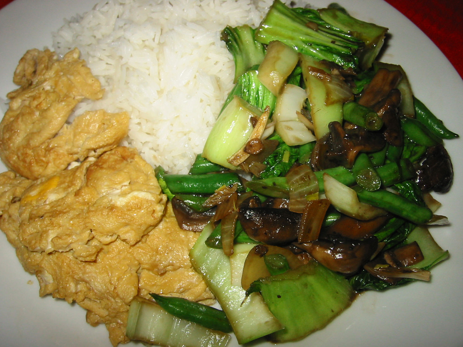 Chinese omelette, vegie stir-fry and rice