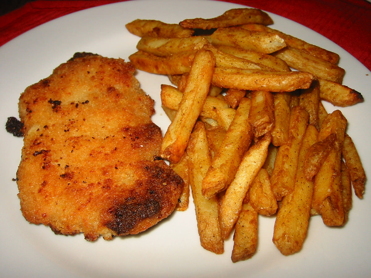 Chicken schnitzel and chips