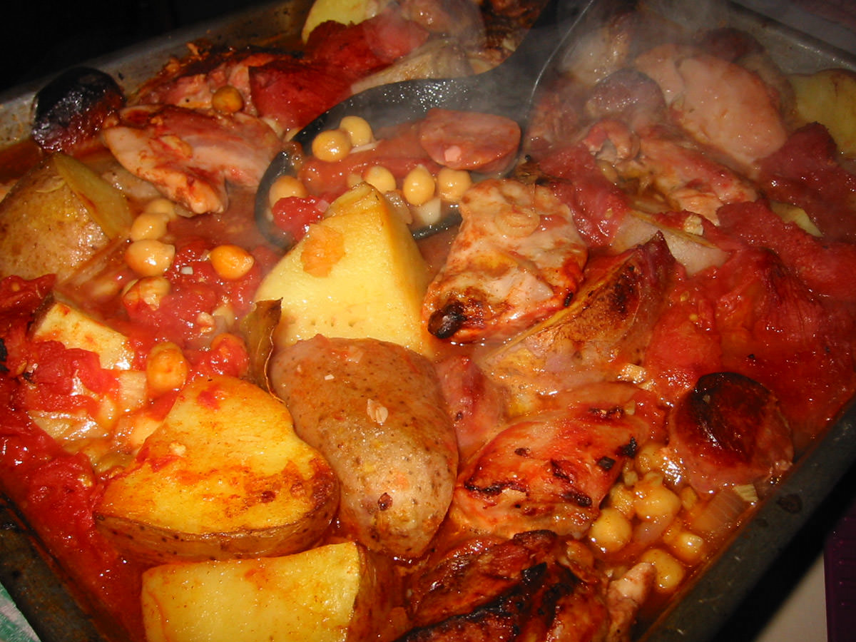 Chicken, chorizo, potato, chick pea and tomato casserole