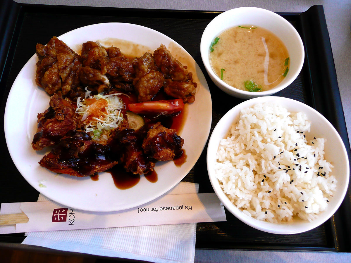 Combination meal with chicken teriyaki and karaage