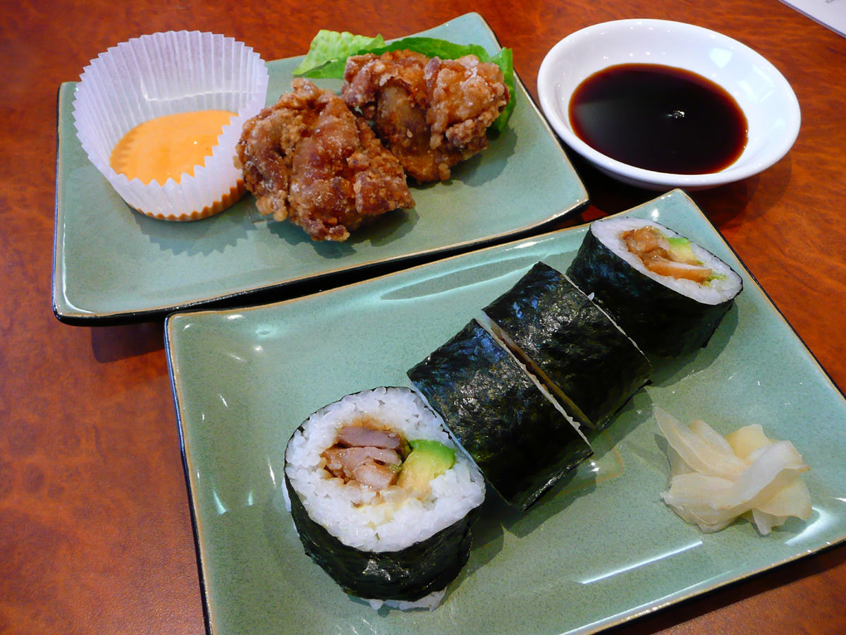 Chicken karaage and sushi