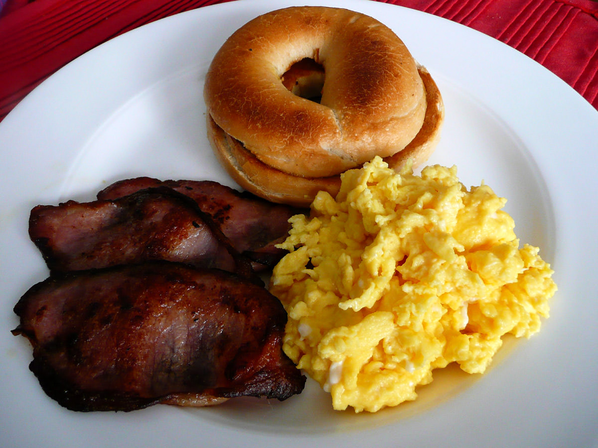 Bacon, scrambled eggs, toasted bagel