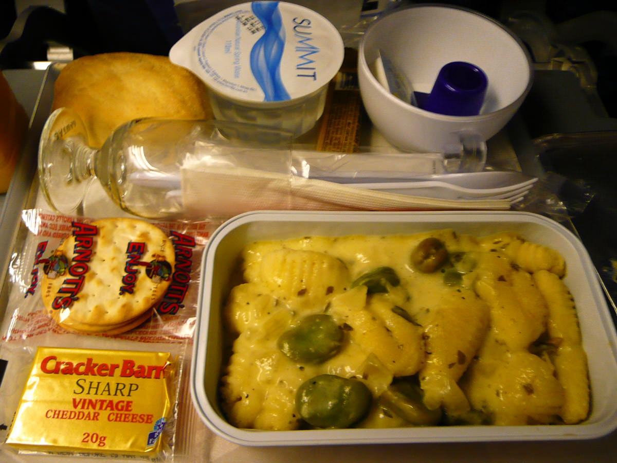 Airline meal - potato gnocchi with broad beans